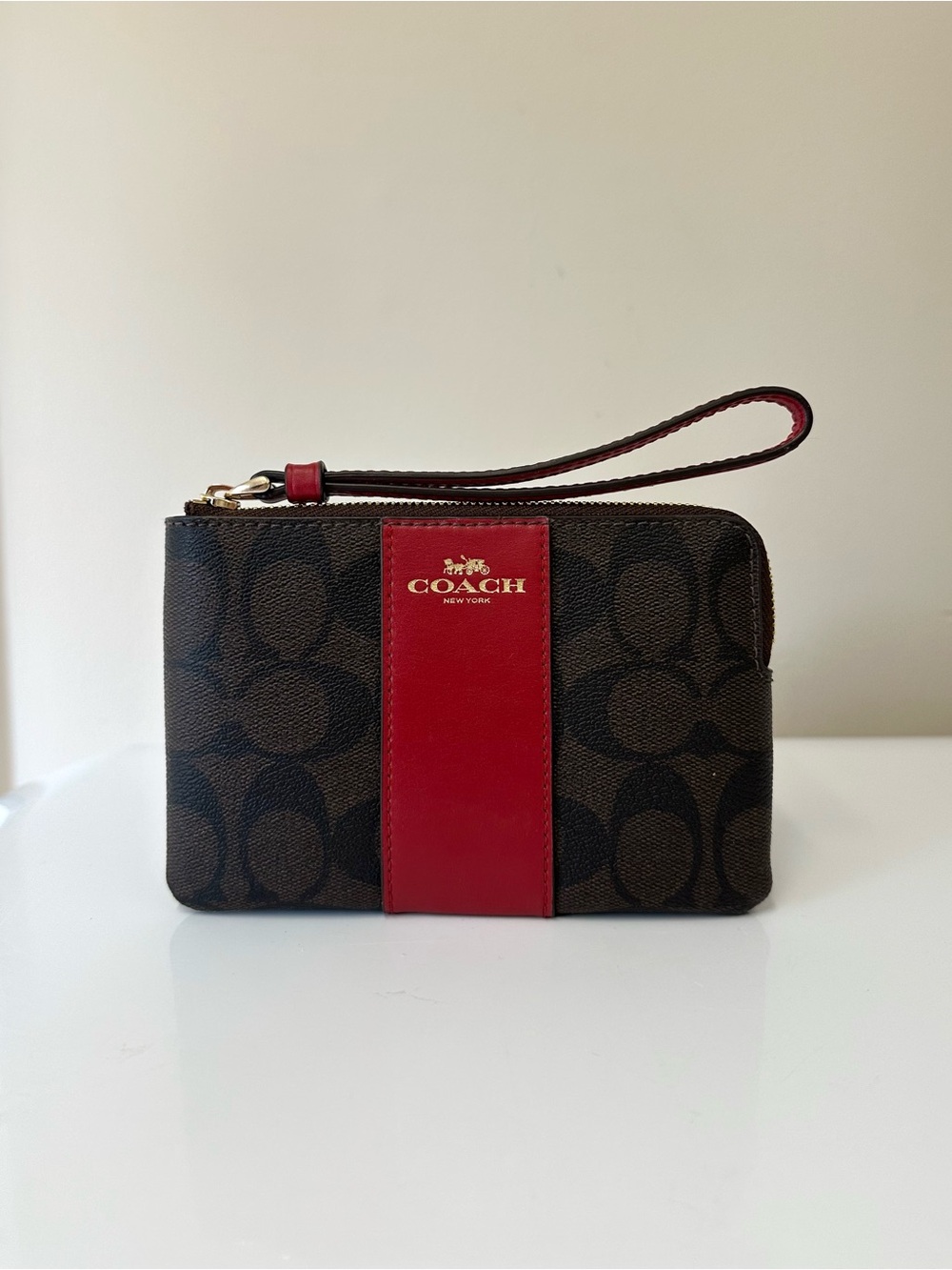 Coach Corner Zip Wristlet with Red Leather Stripe